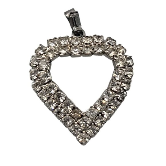 Rhinestone-Studded Open Heart Pendant Silver Tone Pot Metal Vintage - Picture 3 of 11